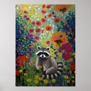 Kleurrijke Wasbeer in Wilde Bloementuin Kunst Dier Poster