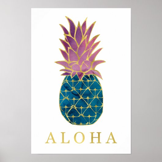 Kleurrijke Waterverf ananas en Gold Aloha Poster (Voorkant)