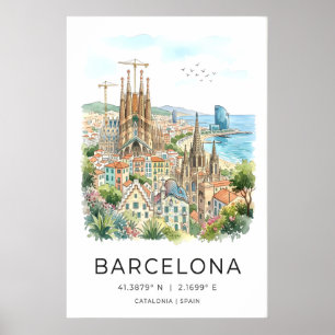 Kleurrijke waterverf Barcelona muurkunstprint Poster