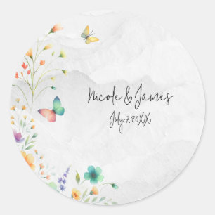 Kleurrijke Waterverf Bloem Vlinder Bruidsfeest Ronde Sticker