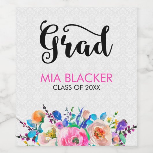 Kleurrijke Waterverf Bloemen - Afstuderen Wijn Etiket (Enkel label)