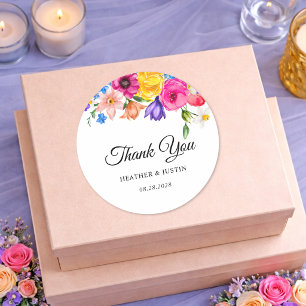 Kleurrijke waterverf bloemen bruiloft bedankje ronde sticker