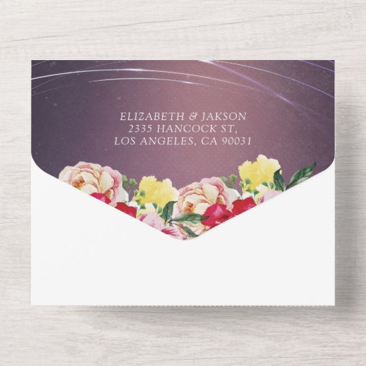 Kleurrijke Waterverf bloemen Paarse BG Weddenschap All In One Uitnodiging (Achterkant)