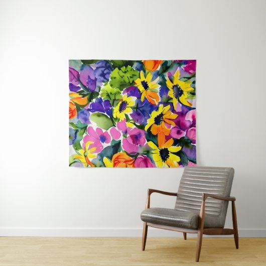 Kleurrijke Waterverf Bloemenkunst Wandkleed (In Situ (horizontaal))