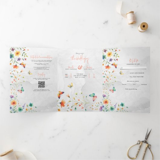 Kleurrijke Waterverf Bloemenvlinder bruiloft Drieluik Uitnodiging (Binnen)