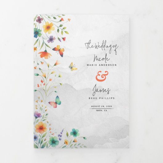 Kleurrijke Waterverf Bloemenvlinder bruiloft Drieluik Uitnodiging (Cover)