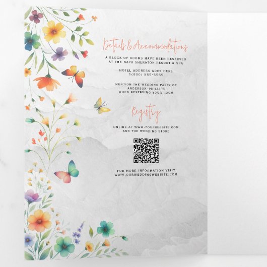 Kleurrijke Waterverf Bloemenvlinder bruiloft Drieluik Uitnodiging (Binnenzijde eerst)
