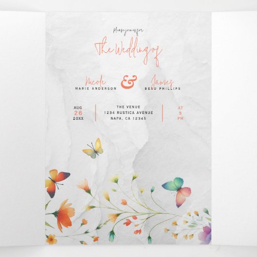 Kleurrijke Waterverf Bloemenvlinder bruiloft Drieluik Uitnodiging (Binnenkant midden)