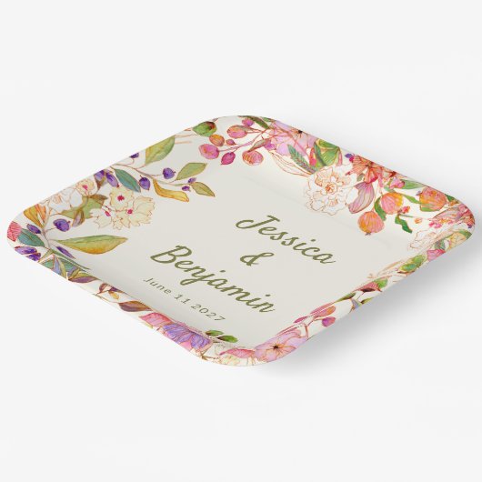 Kleurrijke Waterverf Bloemige Trouwdatum Naam Papieren Bordje (Gebogen)