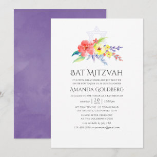 Kleurrijke Waterverf Bloemrijke Bat Mitzvah Kaart