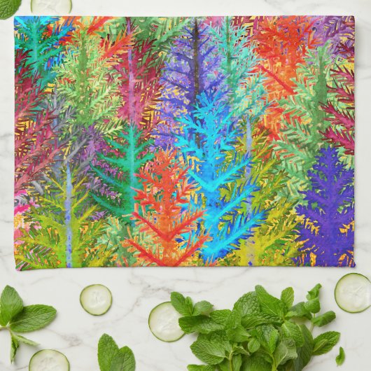 Kleurrijke Waterverf dennenbomen keukenhanddoek (Gevouwen)