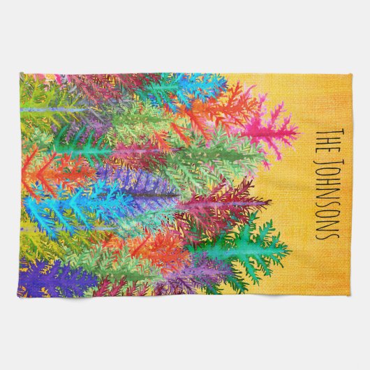 Kleurrijke Waterverf dennenbomen keukenhanddoek (Horizontaal)