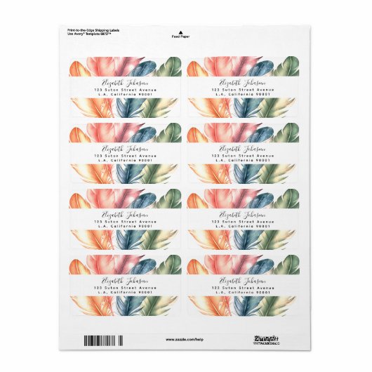 Kleurrijke Waterverf Feathers Black Script Naam Etiket (Full Sheet)