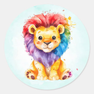 Kleurrijke Waterverf Leeuw Elk Geslacht Baby showe Ronde Sticker