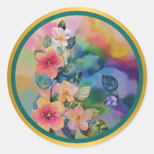 Kleurrijke waterverf lente tak met bloemen ronde sticker