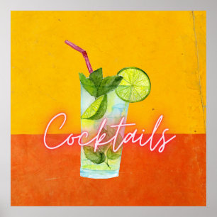Kleurrijke Waterverf & Neon Cocktails Bar Art Poster