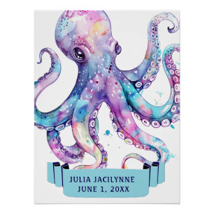 KLEURRIJKE WATERVERF OCTOPUS MET NAAM Verjaardag Perfect Poster