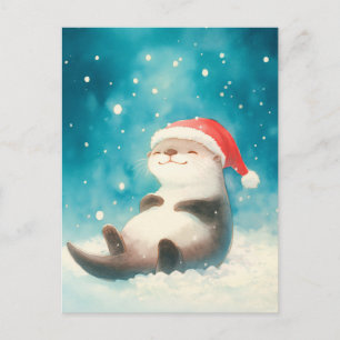 Kleurrijke Waterverf Otter Kerstmannenhoed Briefkaart