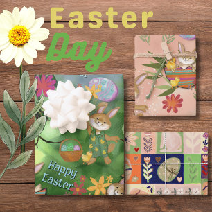 Kleurrijke waterverf paashaas kippen inpakpapier vel