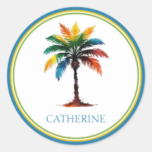 Kleurrijke Waterverf palmboom gepersonaliseerd Ronde Sticker