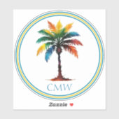 Kleurrijke Waterverf Palmboom Monogram Sticker (Vel)