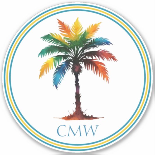Kleurrijke Waterverf Palmboom Monogram Sticker (Voorkant)