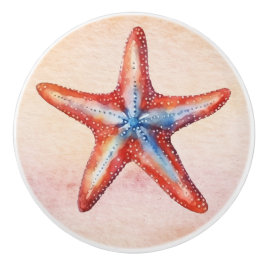 Kleurrijke waterverf schilderij zeester rood blauw keramische knop