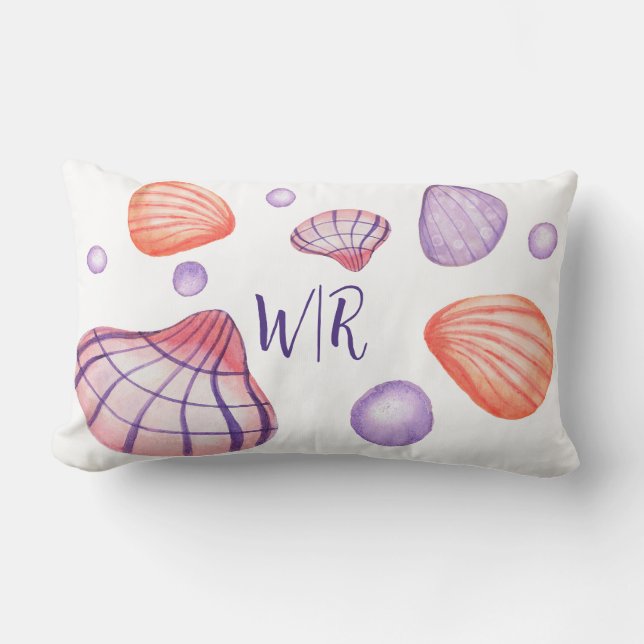 Kleurrijke Waterverf Seashells met Monogram Kussen (Voorkant)