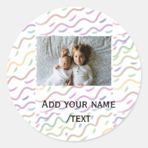 Kleurrijke waterverf spiraalpatroon voeg foto naam ronde sticker