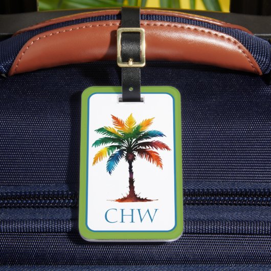 Kleurrijke Waterverf Tropical Palm Tree Monogram Bagagelabel (Voorkant Insitu 2)