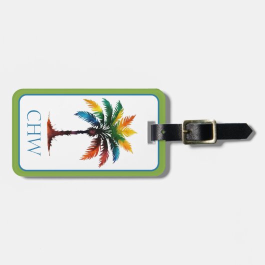 Kleurrijke Waterverf Tropical Palm Tree Monogram Bagagelabel (Voorkant horizontaal)