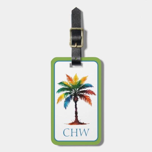 Kleurrijke Waterverf Tropical Palm Tree Monogram Bagagelabel (Voorkant verticaal)