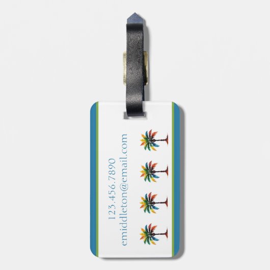 Kleurrijke Waterverf Tropical Palm Tree Monogram Bagagelabel (Achterkant verticaal)