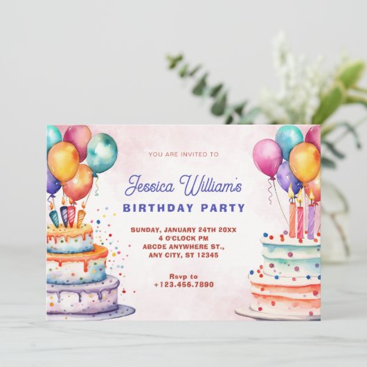 Kleurrijke waterverf verjaardagstaart en ballonnen kaart (Staand voorkant)