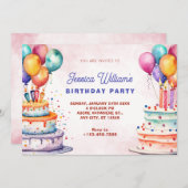 Kleurrijke waterverf verjaardagstaart en ballonnen kaart (Voorkant / Achterkant)