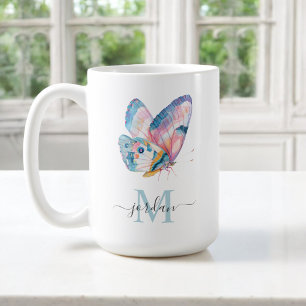 Kleurrijke Waterverf vlinder met je monogram Koffiemok