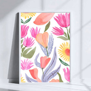 Kleurrijke Waterverf Wilde Bloemen   Handgeschilde Poster
