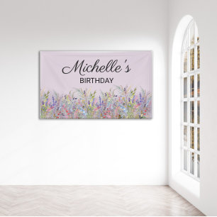 Kleurrijke Waterverf Wilde Bloemen Paarse Verjaard Spandoek