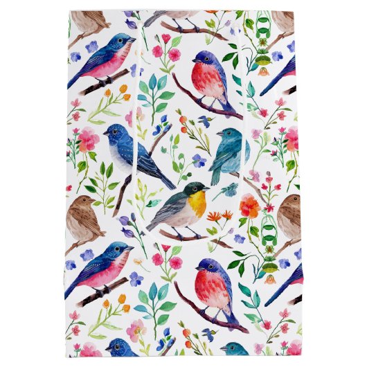 Kleurrijke waterverven vogels en bloemenpatroon medium cadeauzakje (Achterkant)