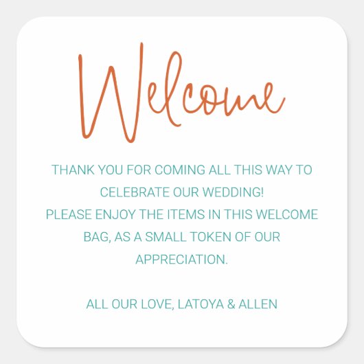 Kleurrijke Welkom Gift Bag Mand Wedding Vierkante Sticker (Voorkant)