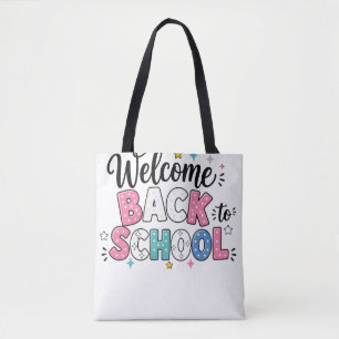 Kleurrijke welkom terug naar school tekst met deco draagtas