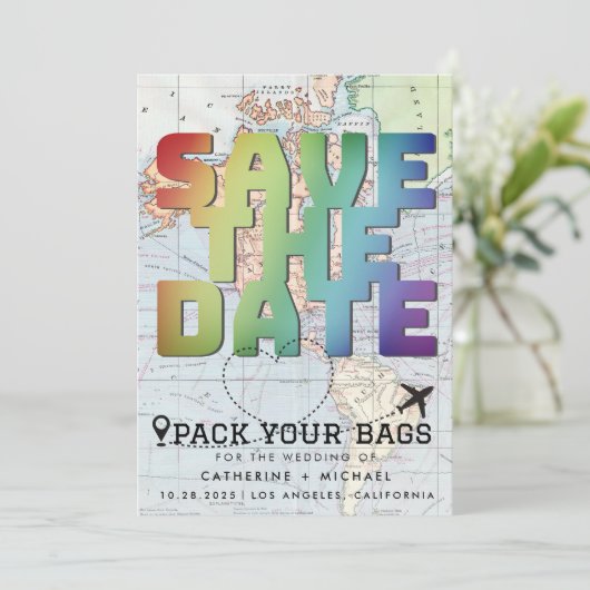 Kleurrijke Wereldkaart bestemming bruiloft bespaar Save The Date (Staand voorkant)