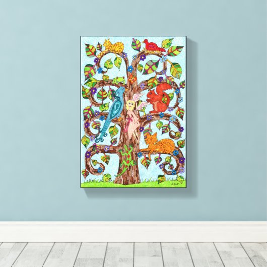 Kleurrijke whimsical Tree Fairy Cute Animal Tekeni Canvas Afdruk (Insitu (Houten vloer))