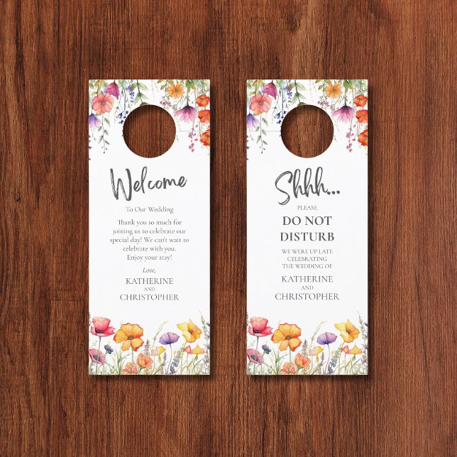 Kleurrijke Wildbloemen bruiloft Shhh niet storen (Colorful Wildflowers Wedding Shhh Do Not Disturb Welcome Door Hanger with Couple Names, Date.)