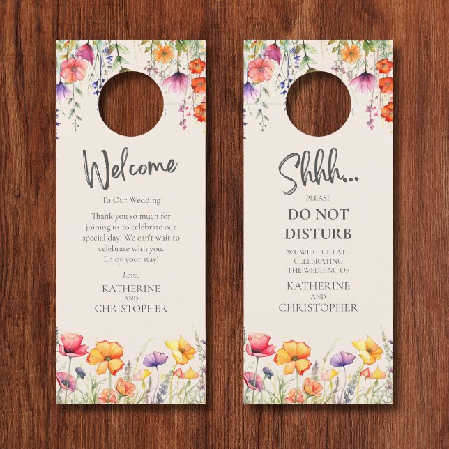 Kleurrijke Wildbloemen bruiloft Shhh niet storen (Colorful Wildflowers Wedding Shhh Door Hanger with Welcome Message, pink, orange, purple flowers.)