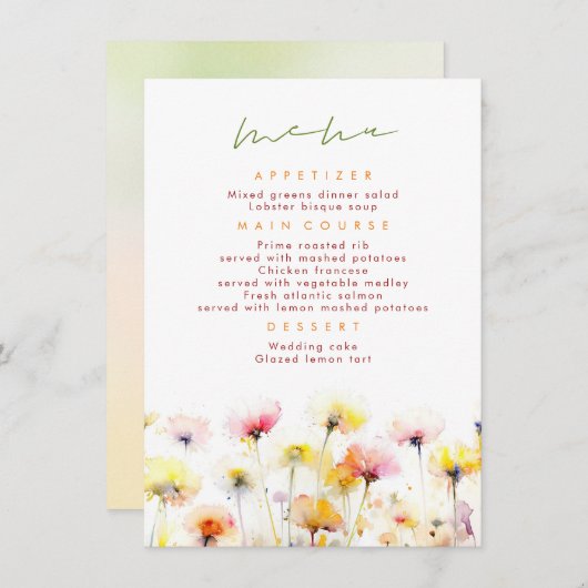 Kleurrijke Wildbloemen Elegant Wedding Menu (Voorkant / Achterkant)