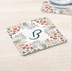Kleurrijke Wilde Bloem Bruiloftsshower Monogram Vierkante Kartonnen Onderzetter