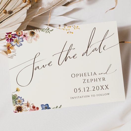 Kleurrijke wilde bloem | Horizontaal beige tuin Save The Date