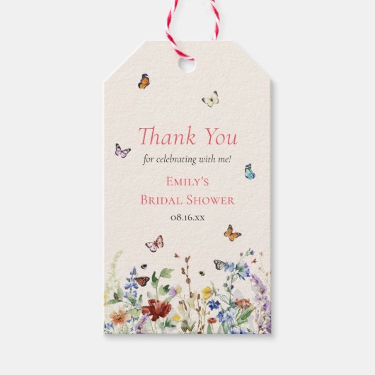 Kleurrijke wilde bloemen en botervliegen cadeaulabel (Voorkant)