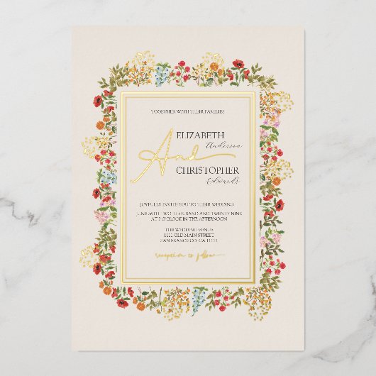 Kleurrijke wilde bloemen Floral Garden Weddenschap Folie Uitnodiging (Voorkant)